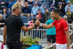 LIVERPOOL, ENGLAND - Saturday, June 18, 2022: Men's Champion Dimitar Kuzmanov (BGR) (R) shakes hands with Marcus Willis (GBR) after winning a thrid set-tie break during Day 3 of the Liverpool International Tennis Tournament 2022 at Liverpool Cricket Club. (Pic by David Rawcliffe/Propaganda)