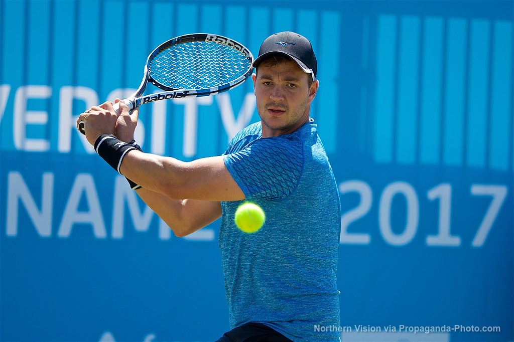 LIVERPOOL, ENGLAND - Saturday, June 17, 2017: Marcus Willis (GBR) during Day Three of the Liverpool Hope University International Tennis Tournament 2017 at the Liverpool Cricket Club. (Pic by David Rawcliffe/Propaganda)
