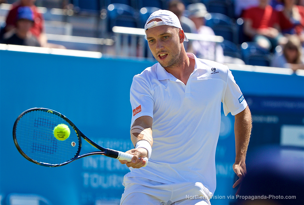 LIVERPOOL, ENGLAND - Saturday, June 17, 2017: Steve Darcis (BEL) during Day Three of the Liverpool Hope University International Tennis Tournament 2017 at the Liverpool Cricket Club. (Pic by David Rawcliffe/Propaganda)
