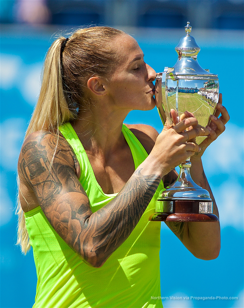 LIVERPOOL, ENGLAND - Sunday, June 18, 2017: Ladies' Champion Polona Hercog (SLO) with the trophy after beating Corinna Dentoni (ITA) 6-2, 6-4  during Day Four of the Liverpool Hope University International Tennis Tournament 2017 at the Liverpool Cricket Club. (Pic by David Rawcliffe/Propaganda)