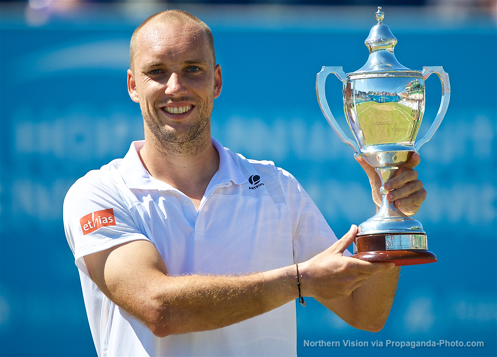 LIVERPOOL, ENGLAND - Sunday, June 18, 2017: Men's Champion Steve Darcis (BEL) with the trophy during Day Four of the Liverpool Hope University International Tennis Tournament 2017 at the Liverpool Cricket Club. (Pic by David Rawcliffe/Propaganda)