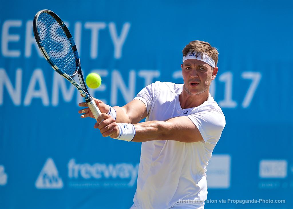 LIVERPOOL, ENGLAND - Sunday, June 18, 2017: Marcus Willis (GBR) during Day Four of the Liverpool Hope University International Tennis Tournament 2017 at the Liverpool Cricket Club. (Pic by David Rawcliffe/Propaganda)