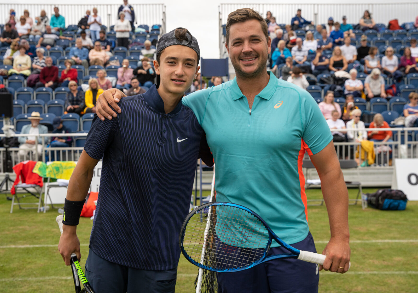 LIVERPOOL, ENGLAND - Thursday, August 19, 2021: Patrick Brady (L) and Marcus Willis (R) before a match during the Liverpool International Tennis Tournament at Liverpool Cricket Club. (Pic by David Rawcliffe/Propaganda)